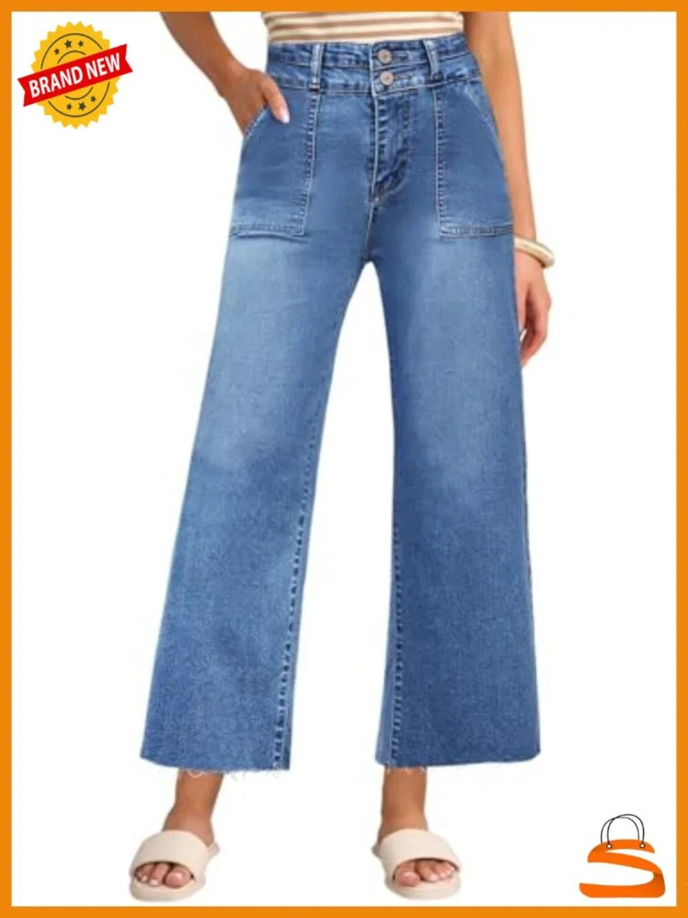 Womens High Rise Two Button Closure Cropped Wide Leg Jeans with Slip Pockets